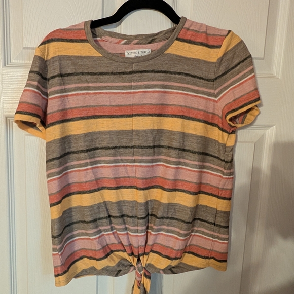 Madewell Tops - Madewell Striped Tie-Front Tee in Coral, Mustard & Gray-Brown